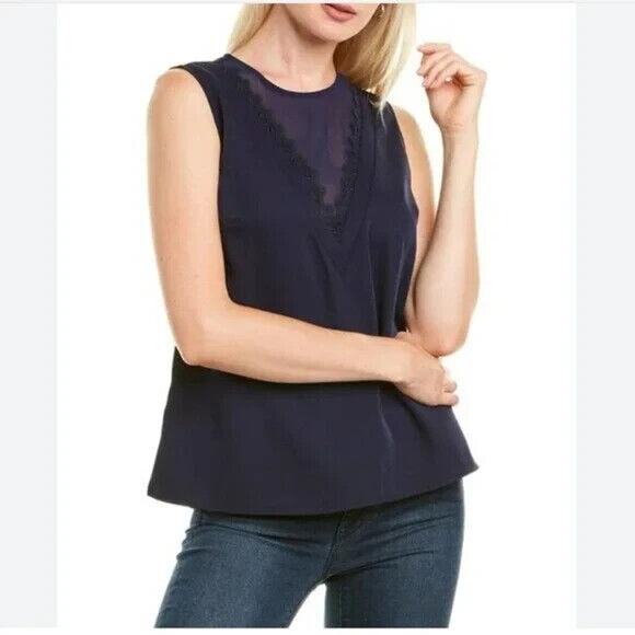 TED BAKER Lulabel Lace Trim Top Blouse Navy Blue Sleeveless Back Zip 2 4… - Picture 1 of 8